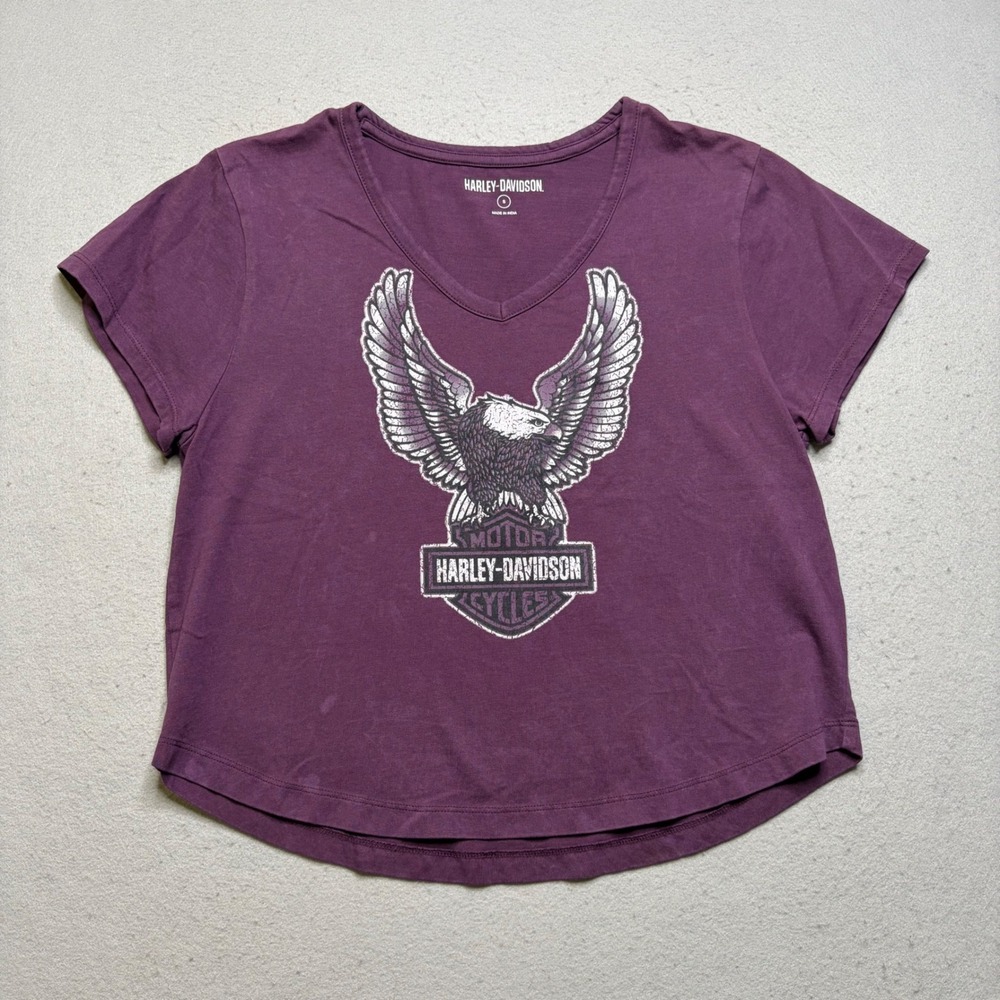 Harley-Davidson Graphic Tee Women Small Purple V-Neck Eagle Logo Biker Shirt‎